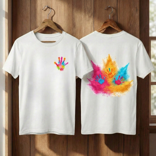 Holi color splash custom printed t-shirt — AI-generated design printed by The Printed Cue