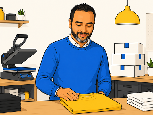 Founder of The Printed Cue at a workshop bench — the 3 custom merch business models explained