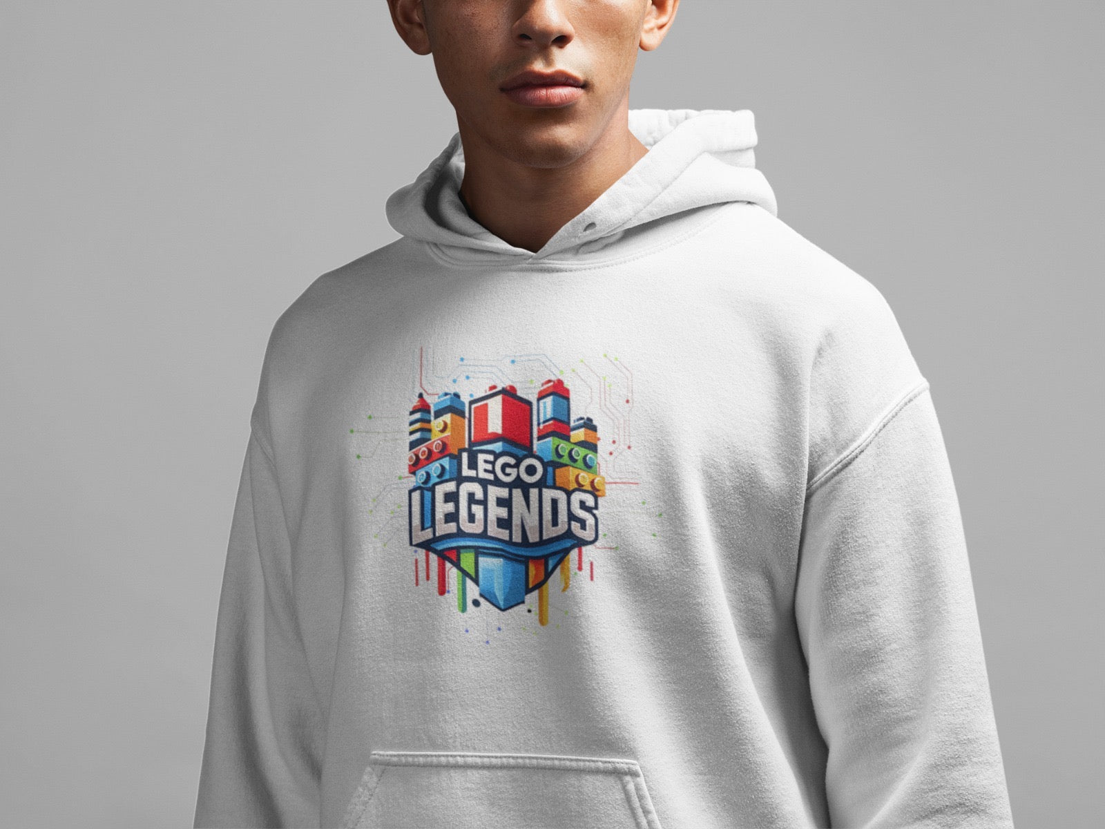 Person wearing a gray hoodie with a colorful 'LEGO Legends' logo on a gray background