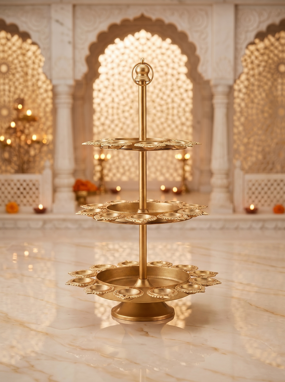 Gold 3-tier lotus diya stand with kalash finial, front view in a festive mandir setting