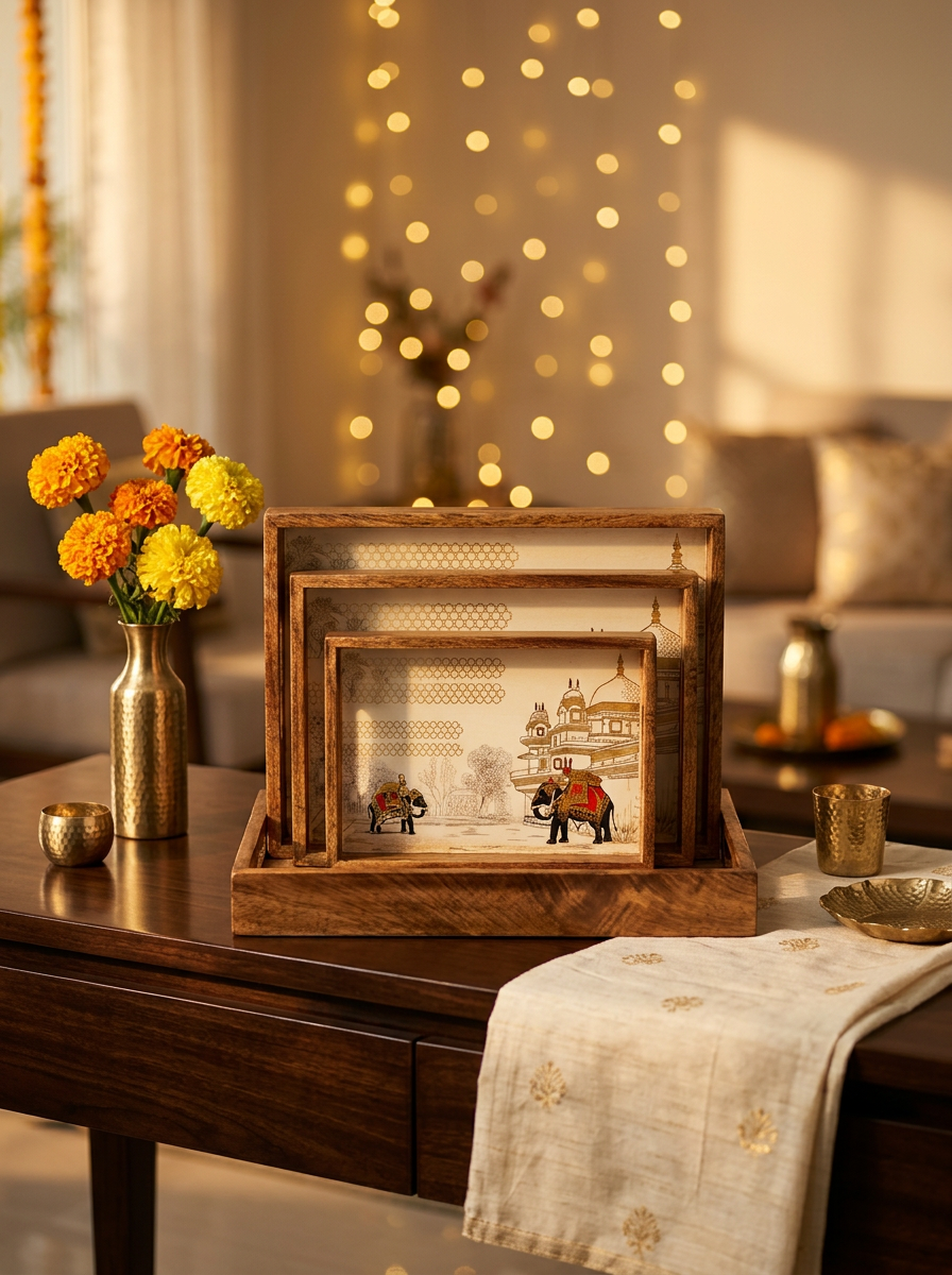 Sheesham wood nesting trays with Mughal elephant and palace print, set of 3, front view in a festive setting