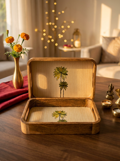 Whitewashed mango wood nesting trays with palm tree print, set of 2, front view in a festive setting