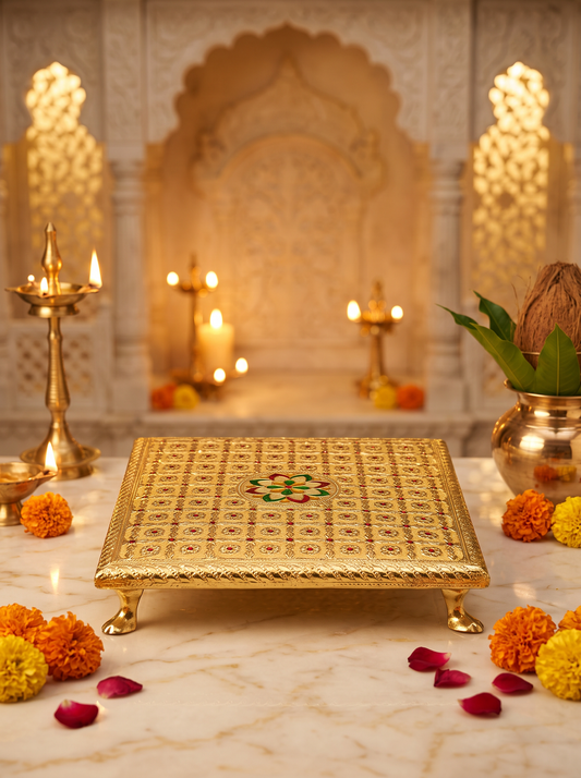 Brocade Puja Chowki Stackable Gold, Maroon-Dot & Pink-Green Bajots