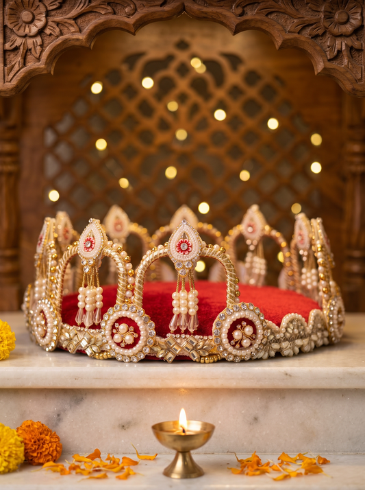 Maroon Velvet Round Thali with Pearl Crown Rim