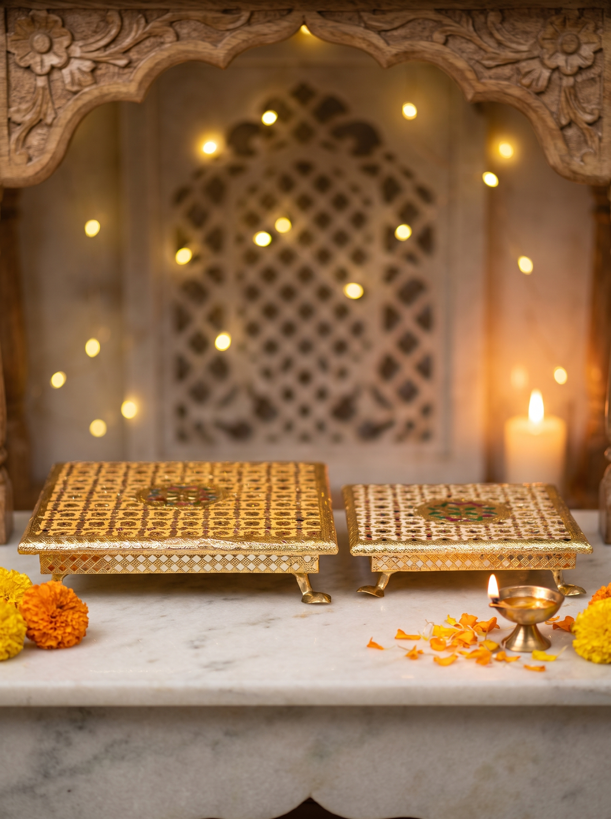 Stackable brocade puja chowki set in gold and pink-green, nested 8, 10 and 12 inch bajots, front view