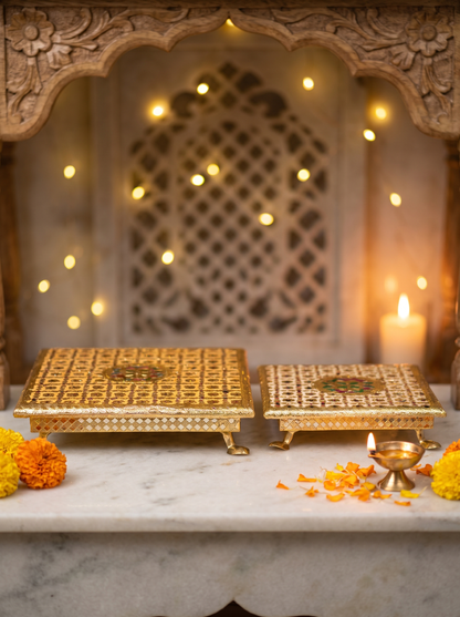 Stackable brocade puja chowki set in gold and pink-green, nested 8, 10 and 12 inch bajots, front view
