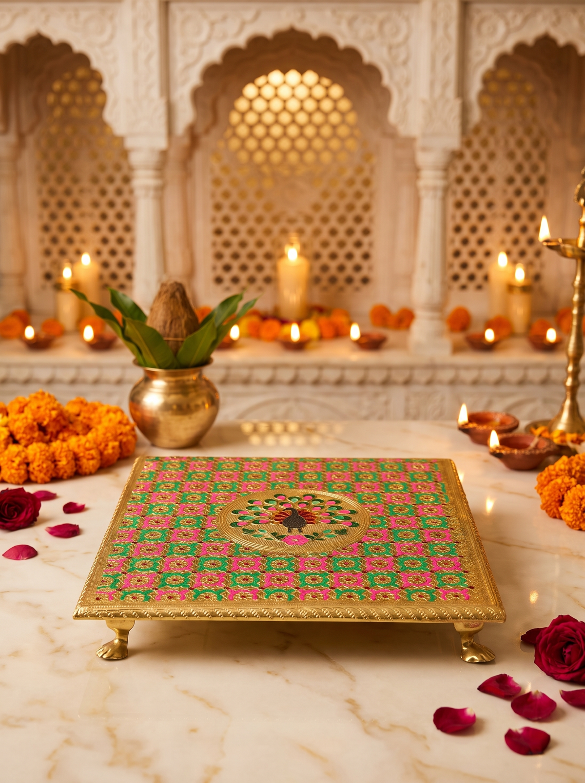 Pink and green checkered brocade puja chowki bajot, front view in a marble mandir setting