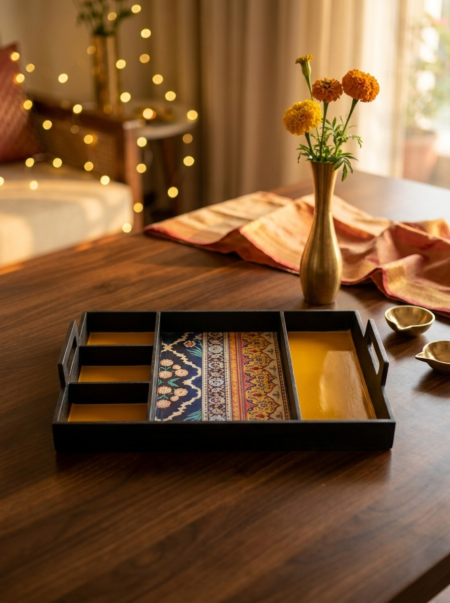 Black lacquer sectioned dry fruit tray with pink and orange brocade panels, front view in a festive setting