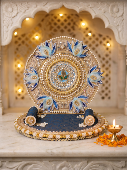 Blue lotus round-back singhasan for Laddu Gopal with silver zari, front view in a marble mandir setting