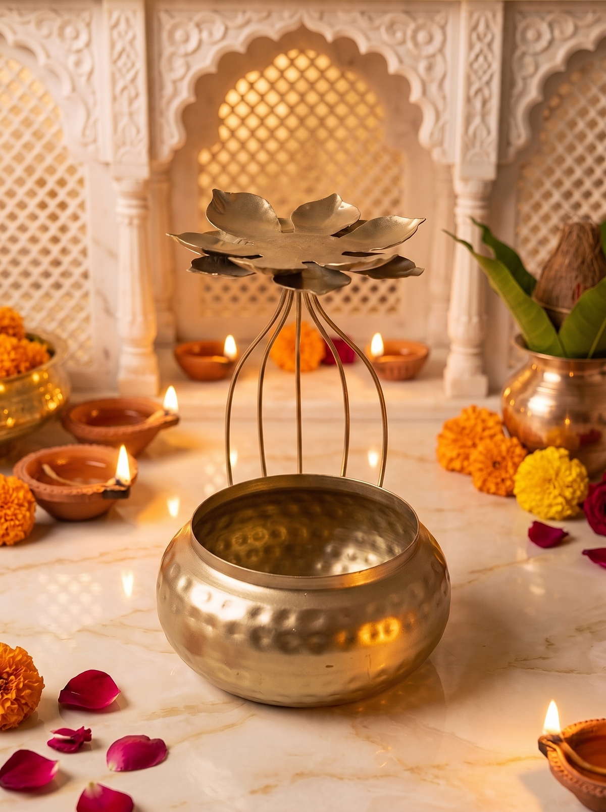 Close-up detail of hammered finish and wire cage on gold urli diya