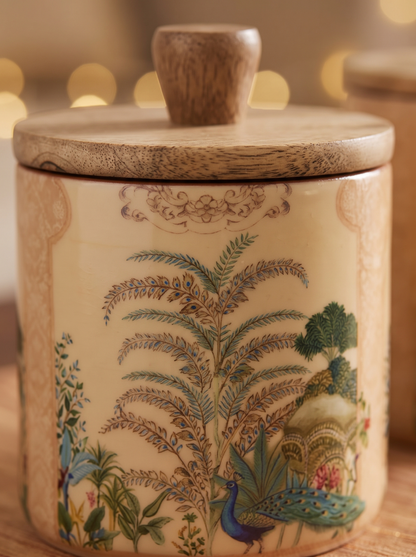 Close-up detail of Mughal garden print on cream wooden canister jar
