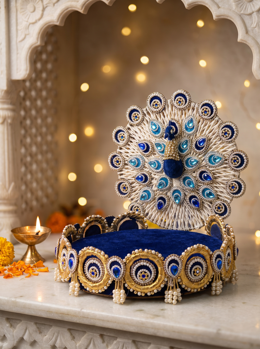 Royal Blue Velvet Peacock Singhasan — Pearl & Gold Laddu Gopal Throne