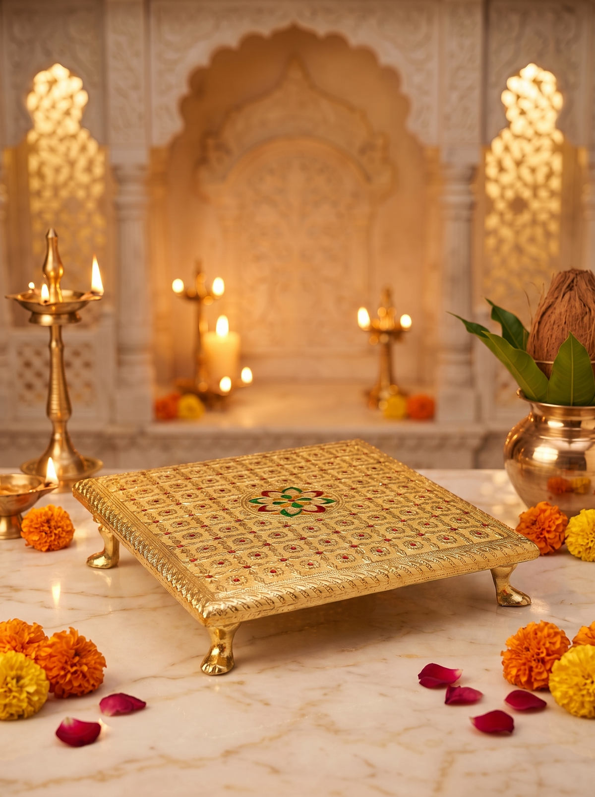 Gold brocade square bajot chowki, angled view with diyas and marigolds