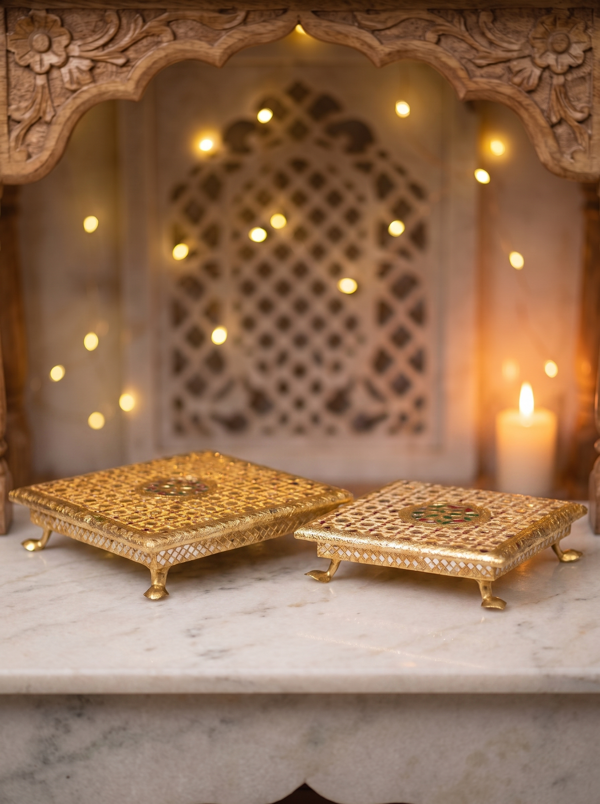 Stackable brocade chowki set for Diwali and Ganesh Chaturthi, angled view with diyas