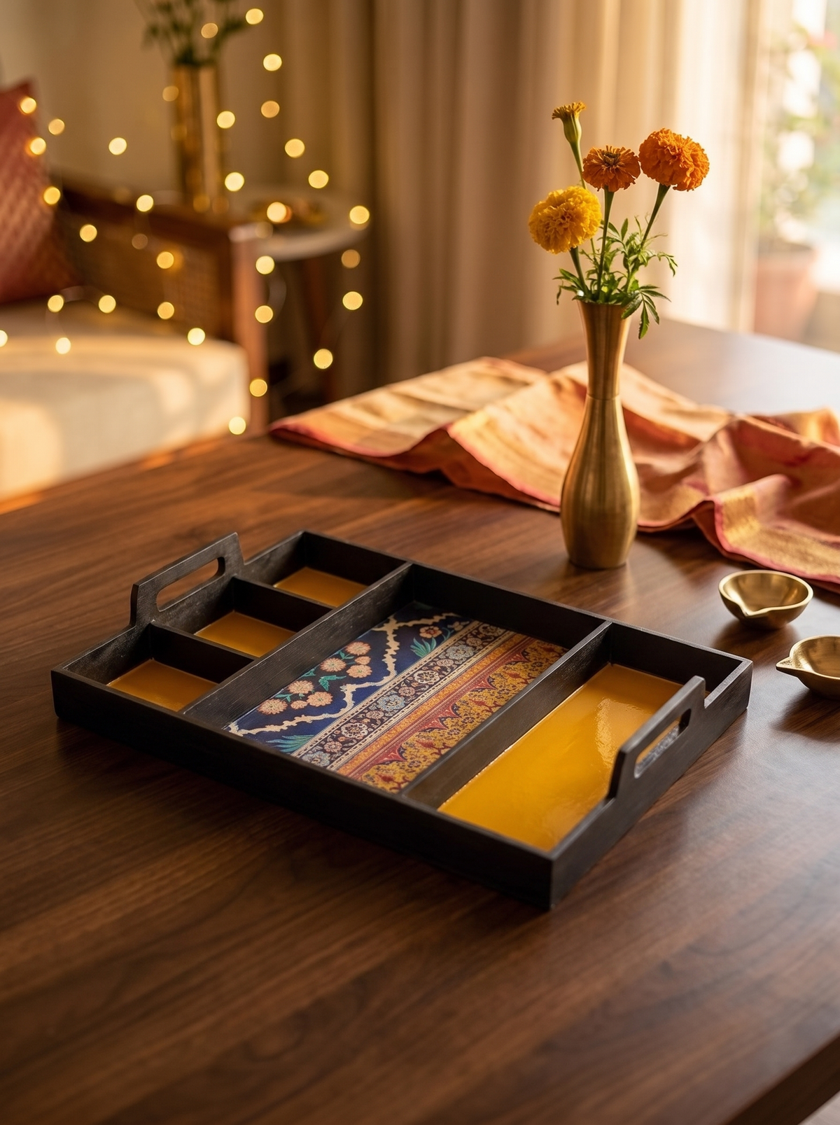 Black lacquer Diwali hamper tray with brocade panels, angled view
