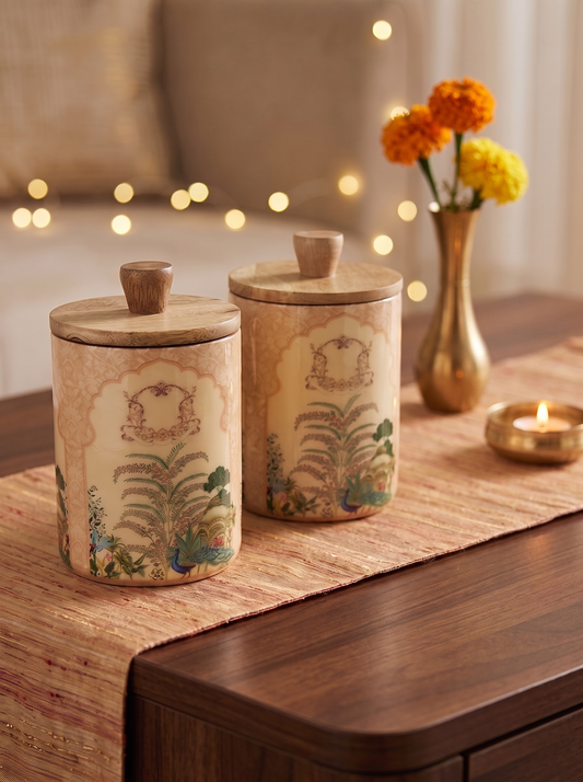 Cream Mughal print wooden canister jars with lids, angled view
