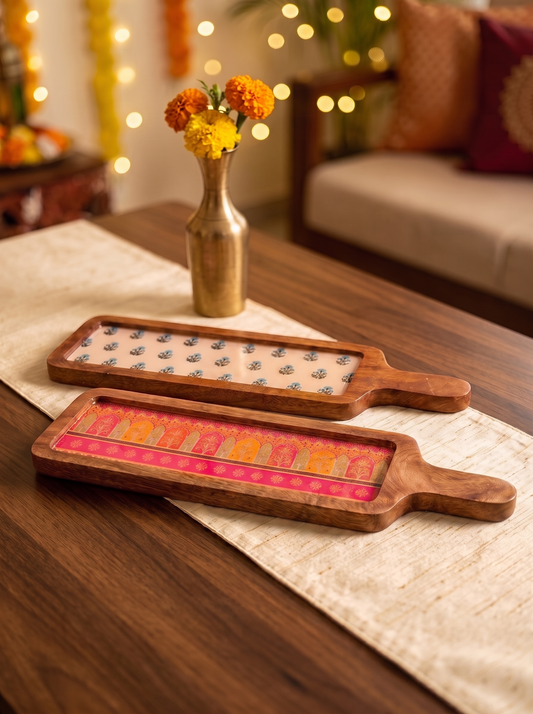 Wooden Serving Board with Handle — Printed Inlay, Blue Floral or Pink Brocade