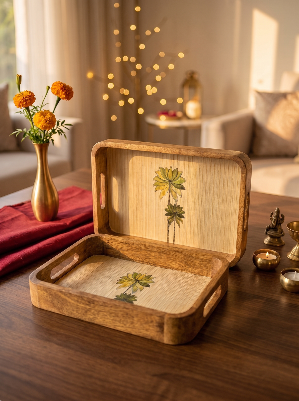 Palm print mango wood nesting trays, angled view