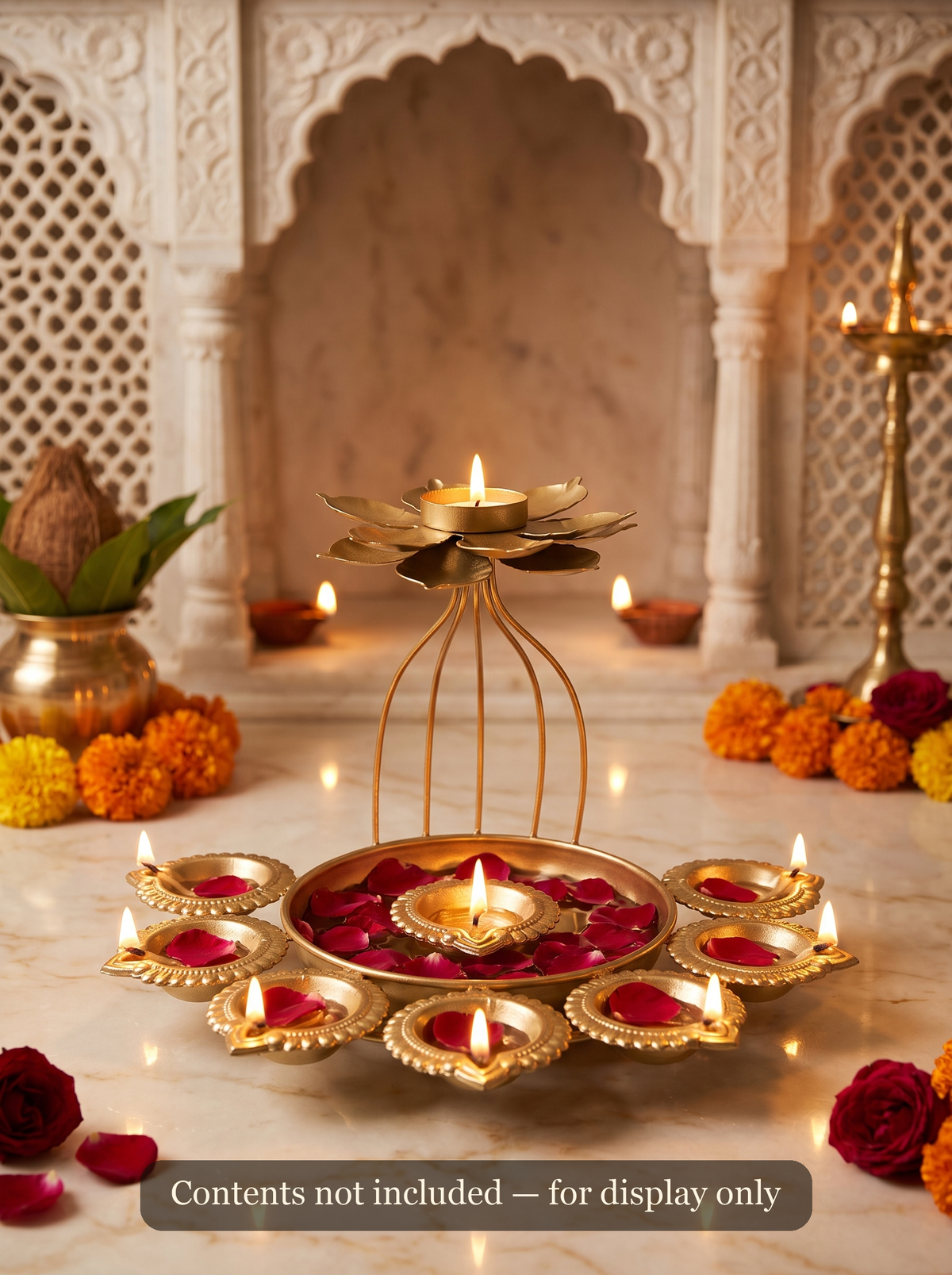 Gold wire-cage lotus diya set styled with lit tealights and flowers for Diwali