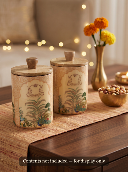 Cream Mughal print wooden canisters styled and filled with dry fruits for Diwali gifting