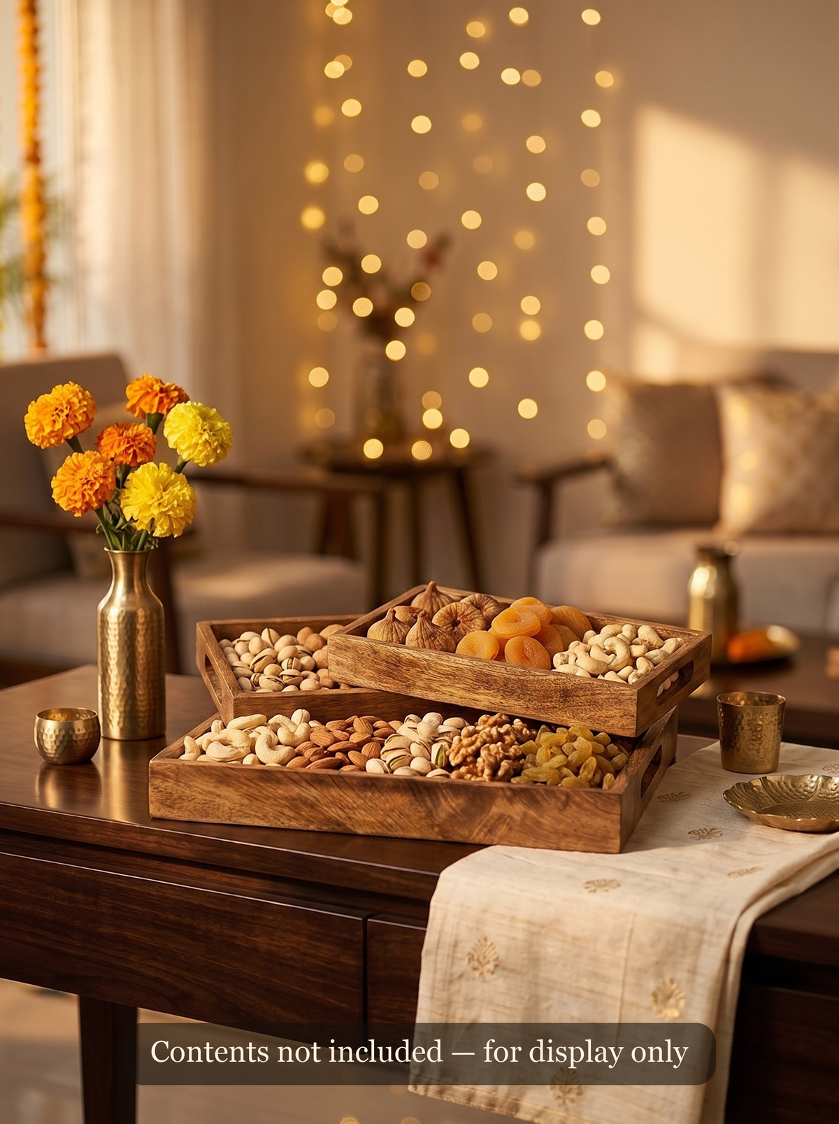 Sheesham wood Mughal print trays styled and filled with snacks for Diwali entertaining
