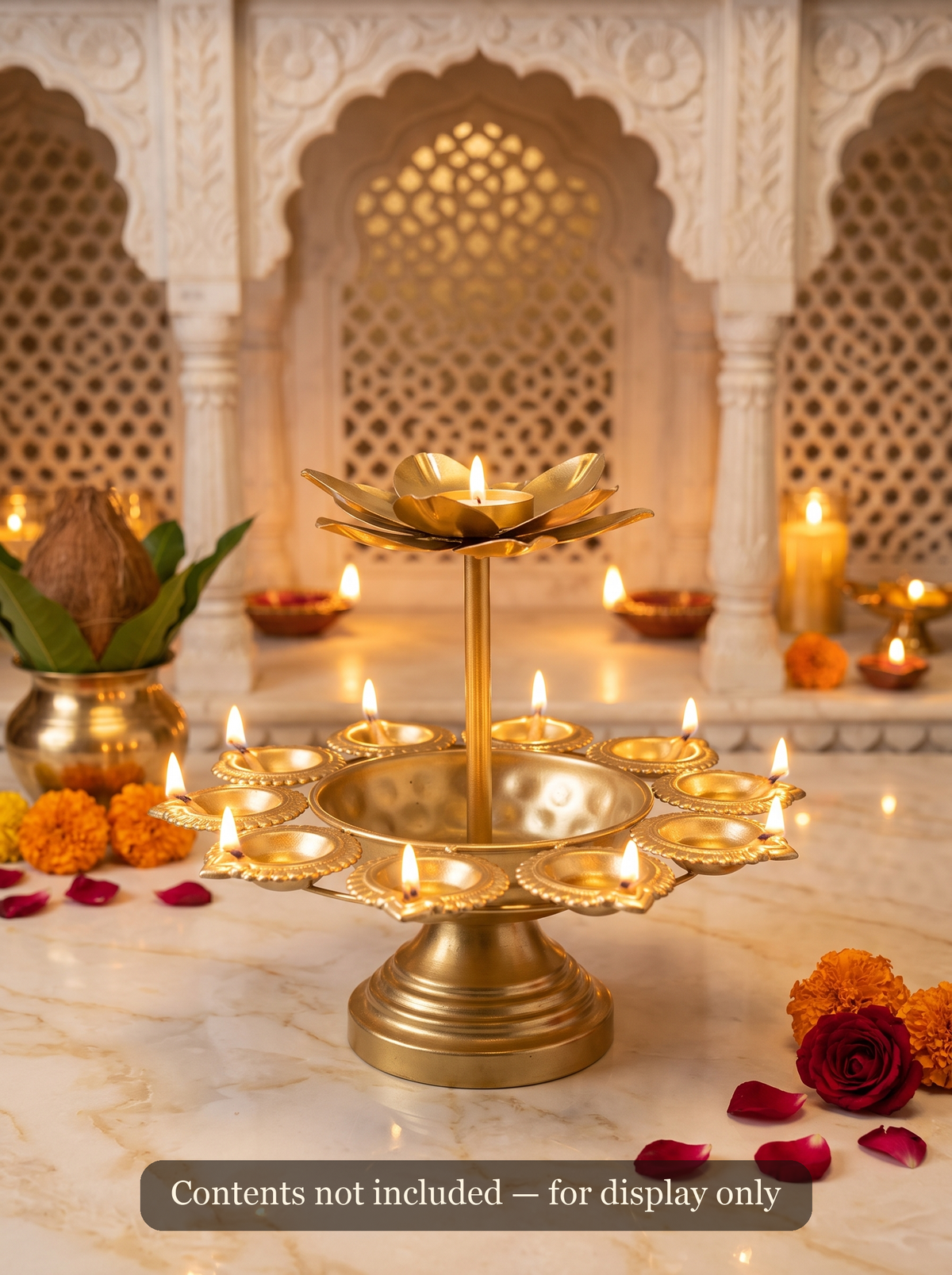 Gold lotus 2-tier tealight stand styled with lit tealights for Diwali