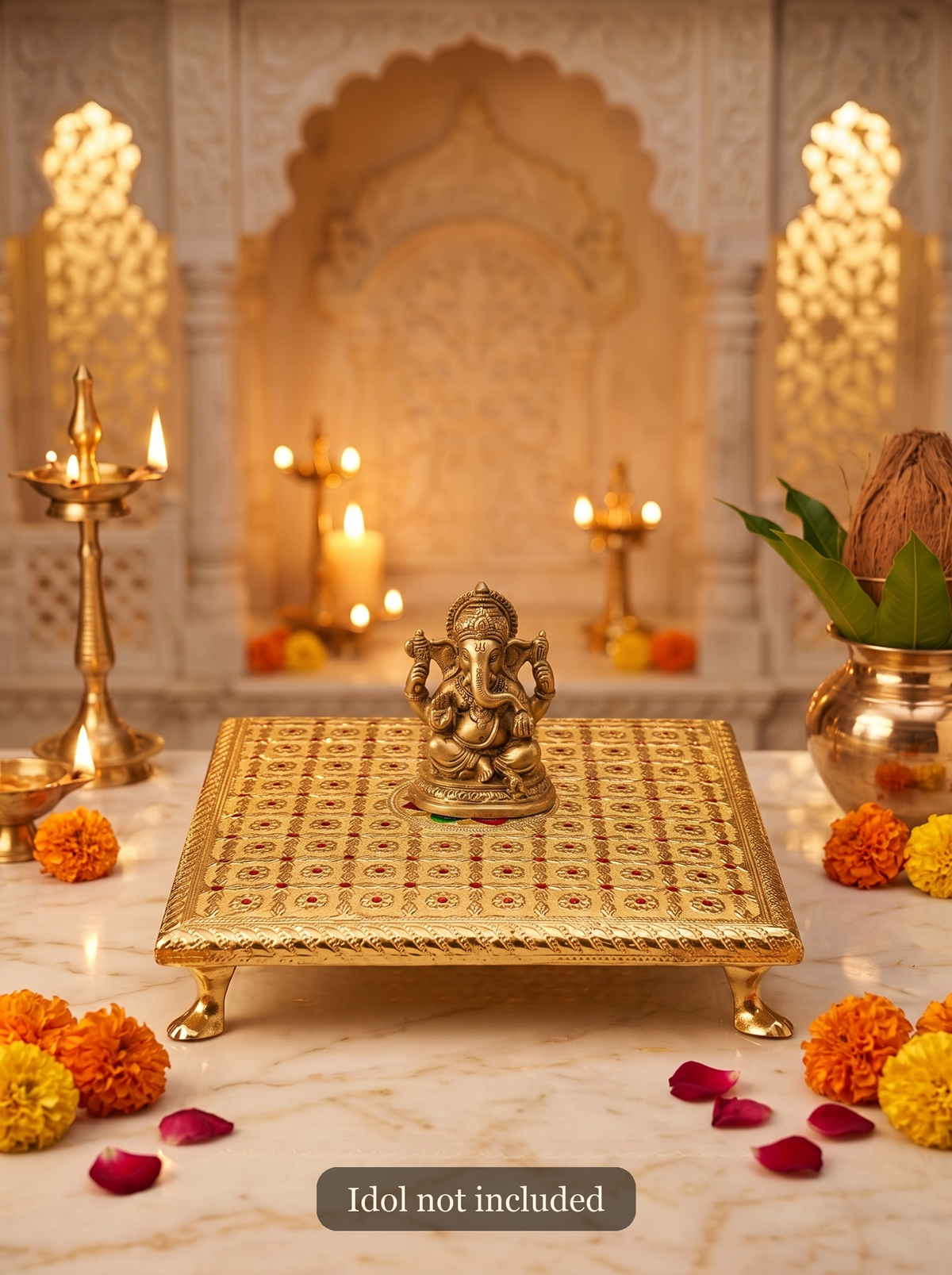 Gold brocade puja chowki styled with a Ganesha idol for Diwali (idol not included)