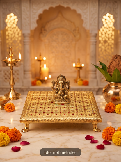 Gold brocade puja chowki styled with a Ganesha idol for Diwali (idol not included)