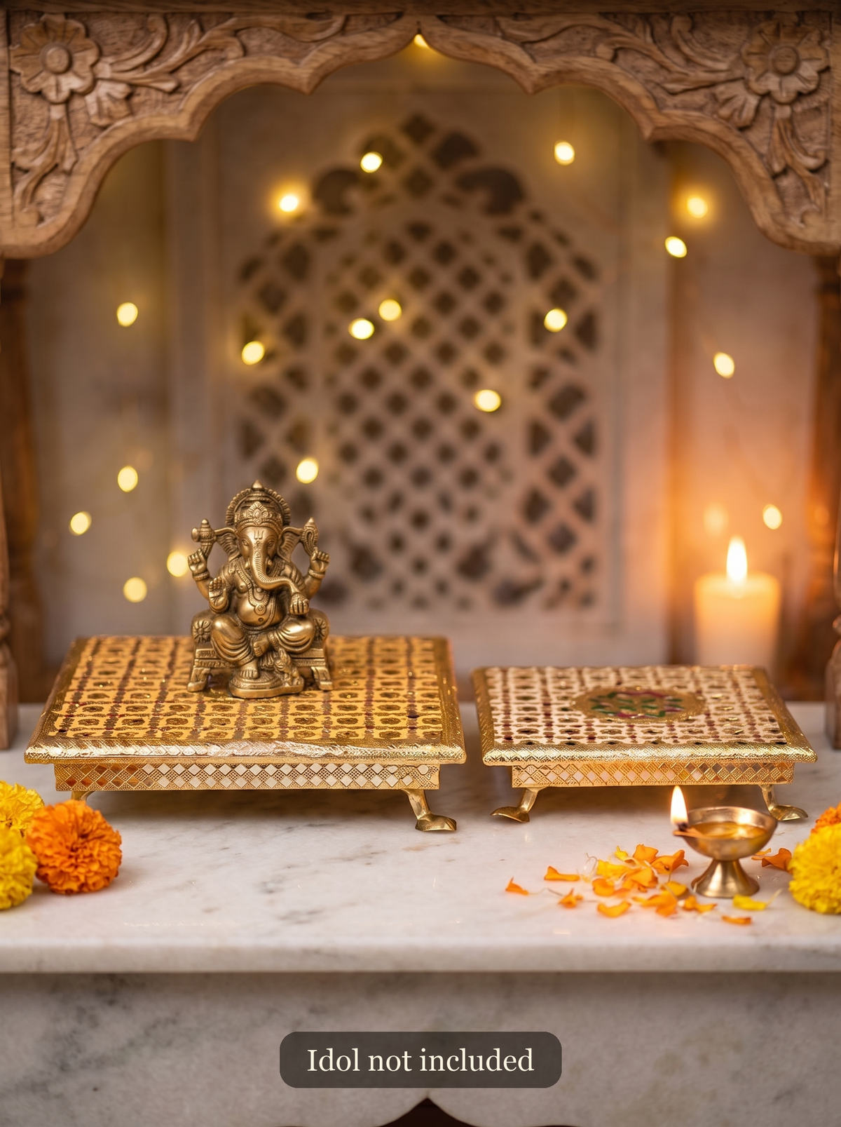 Stacked brocade puja chowkis styled with a Ganesha idol (idol not included)