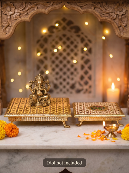 Stacked brocade puja chowkis styled with a Ganesha idol (idol not included)