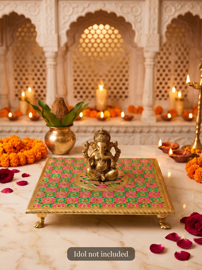 Pink and green brocade puja chowki styled with a Ganesha idol (idol not included)