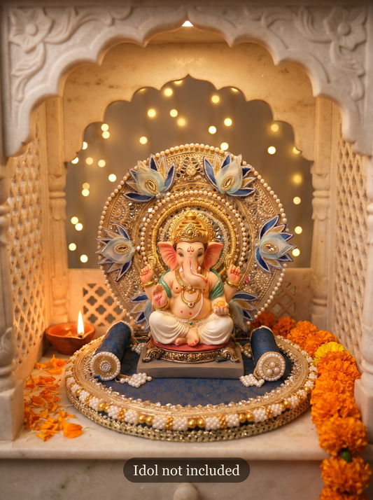 Blue Lotus Round-Back Singhasan — Silver Zari Laddu Gopal Seat