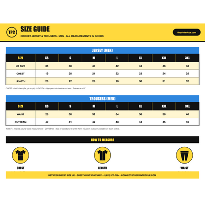 TPC Size Guide - Cricket Jersey and Trousers (Men, inches)