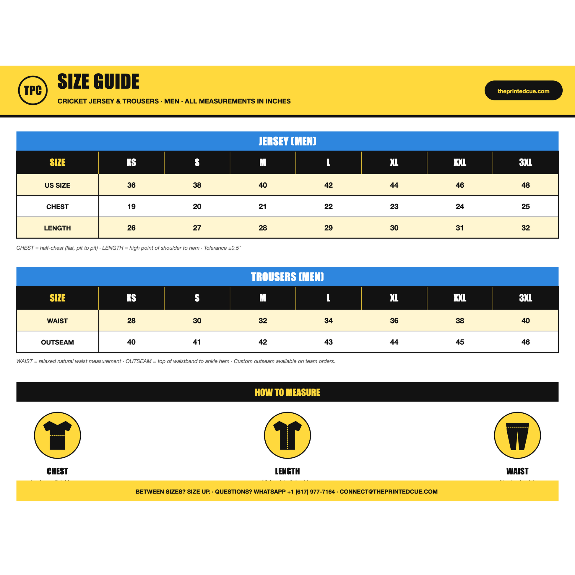 TPC Size Guide - Cricket Jersey and Trousers (Men, inches)
