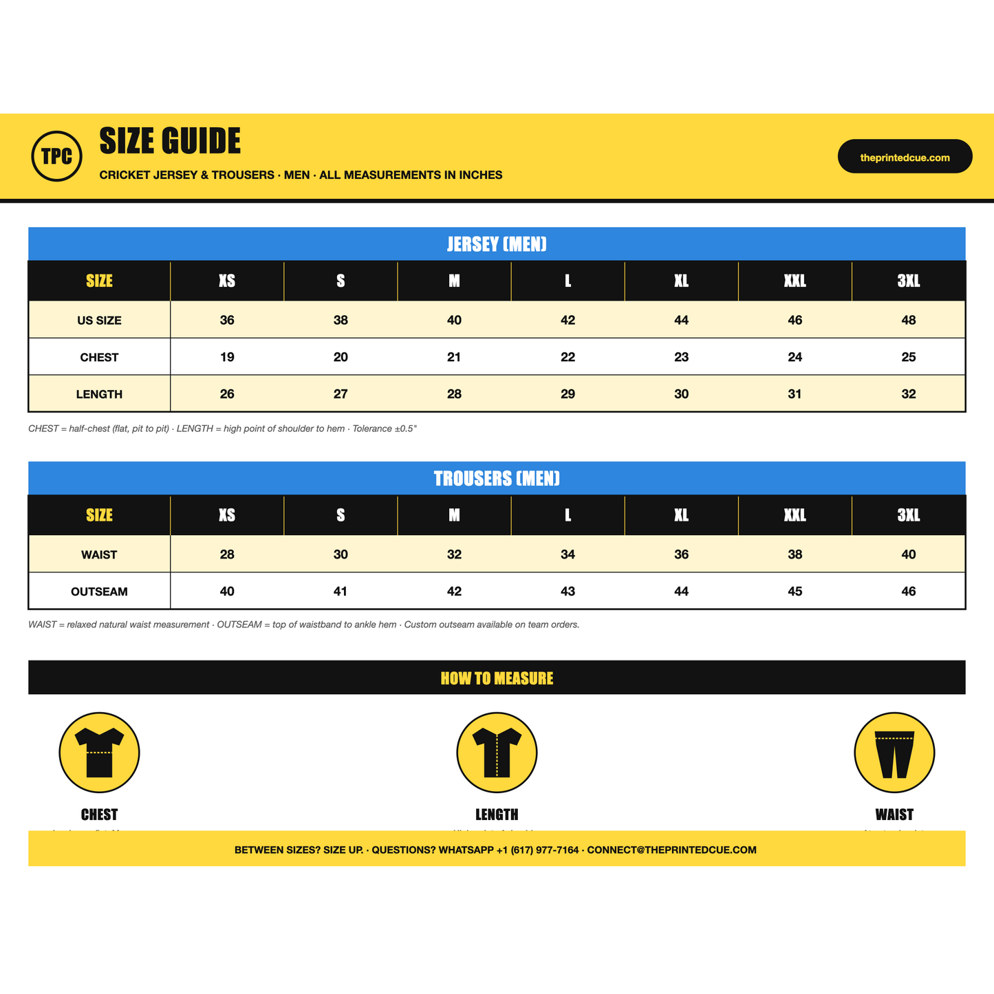 TPC Size Guide - Cricket Jersey and Trousers (Men, inches)