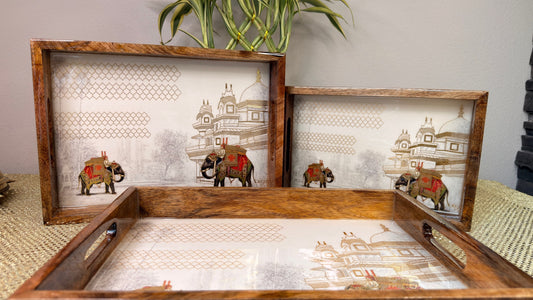 Sheesham wood nesting serving trays with Mughal elephant and palace print, set of 3