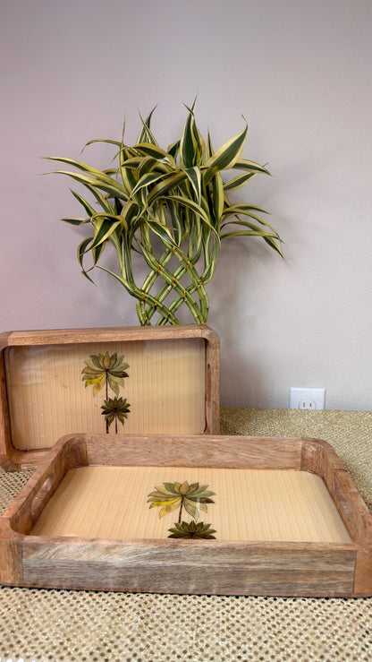 Whitewashed mango wood nesting serving trays with palm tree print, set of 2