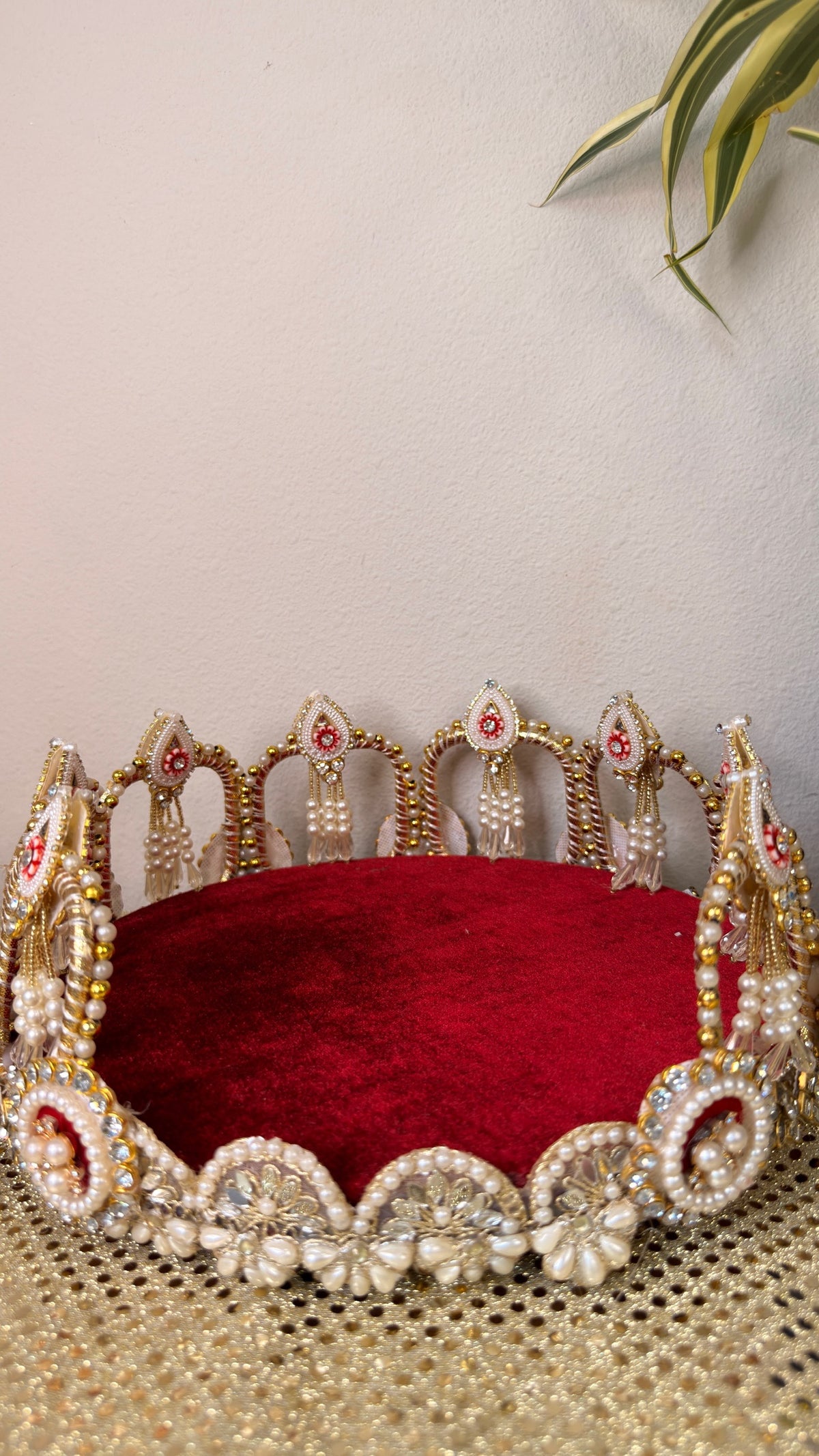 Maroon velvet round puja thali with pearl crown rim for Diwali and Karva Chauth
