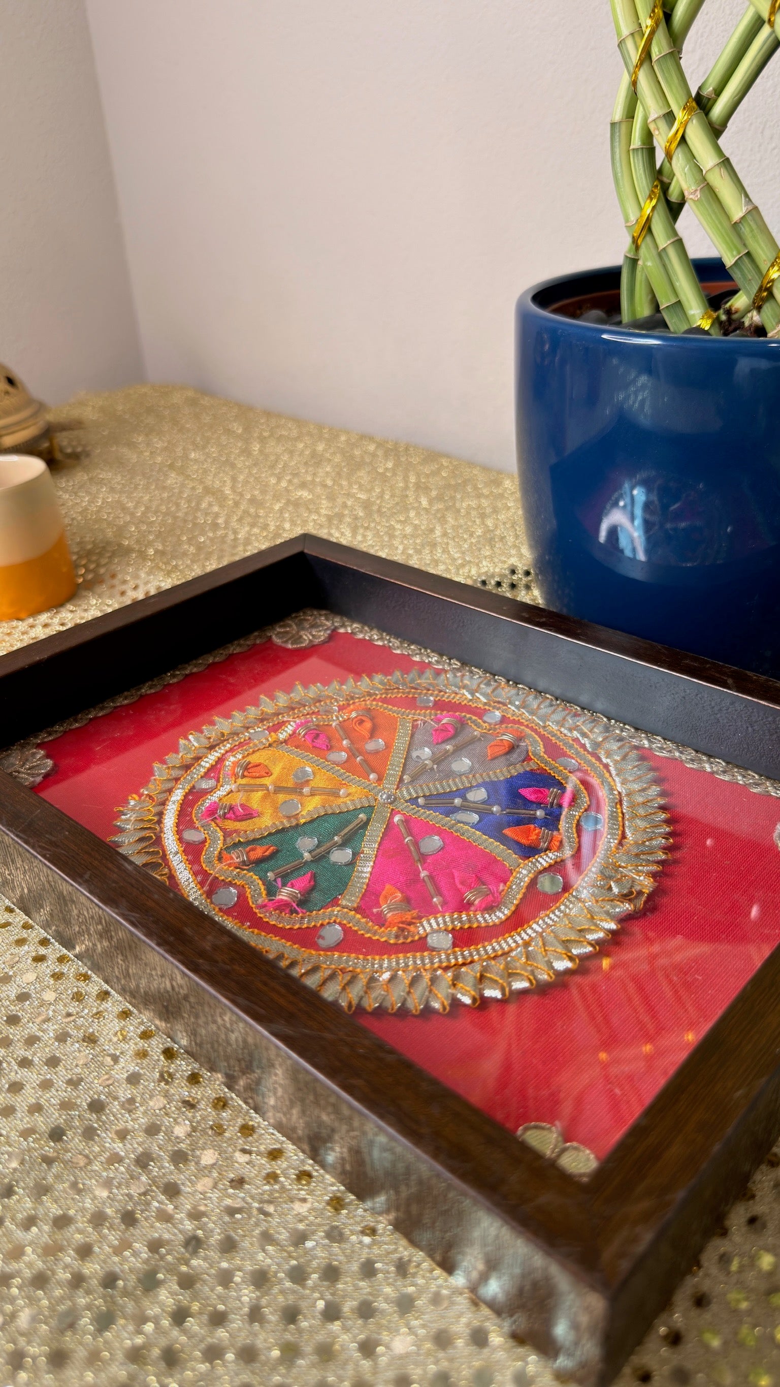 Wooden serving tray with embroidered red mandala under glass, Indian handcrafted decorative tray