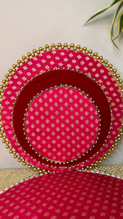 Detail of gold bead edge on pink brocade gifting trays
