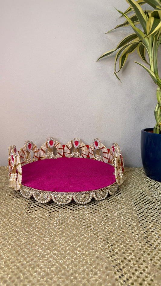 Magenta velvet round puja thali with pearl and kundan scalloped rim, Diwali gifting tray