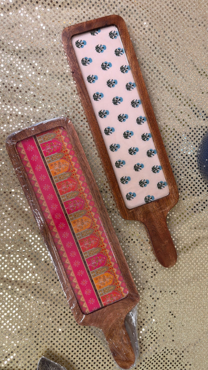 Wooden serving boards with handle in blue floral and pink brocade printed inlay