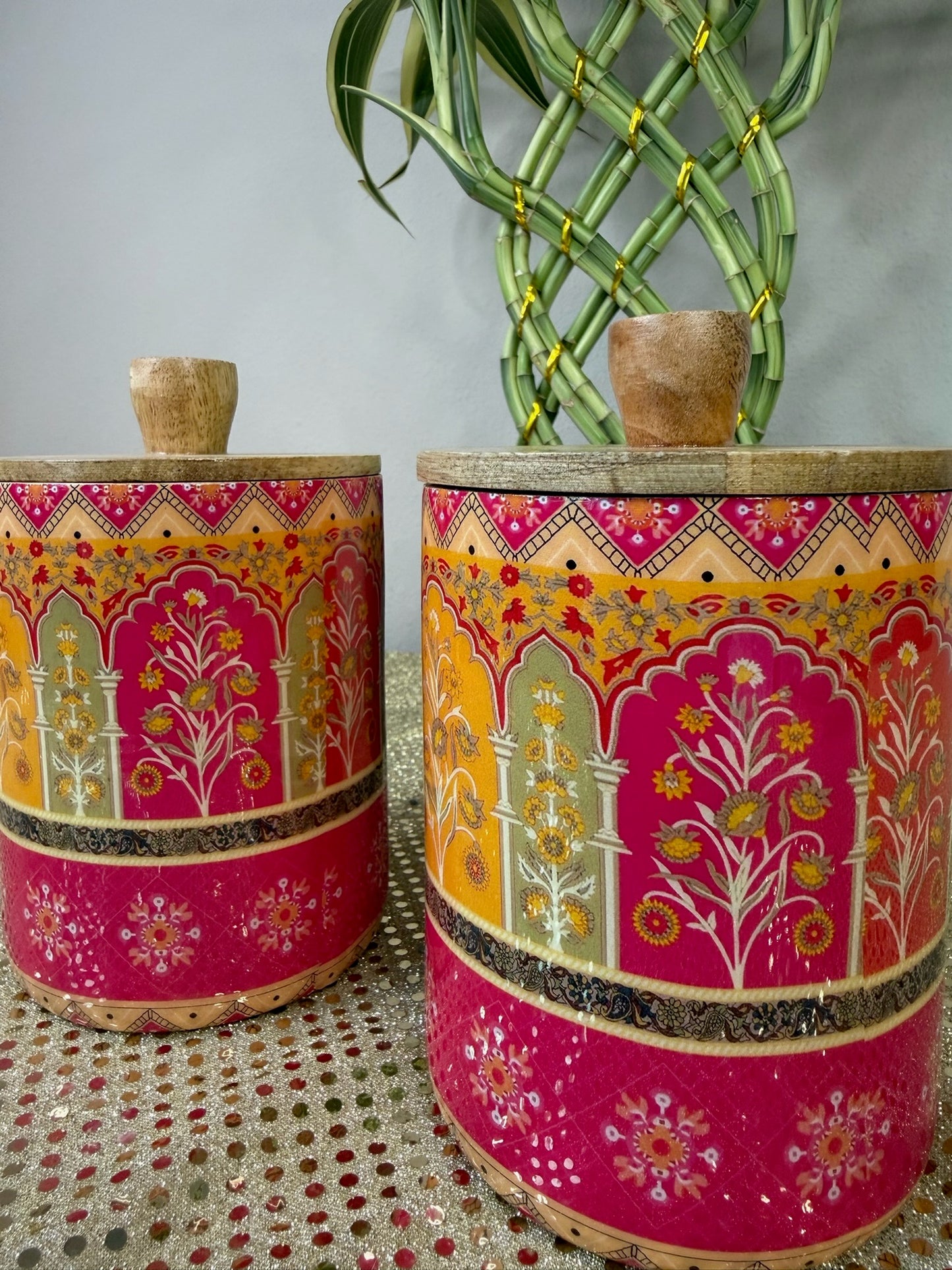 Wooden canister jars with lids in pink and saffron Mughal arch print, set of 2