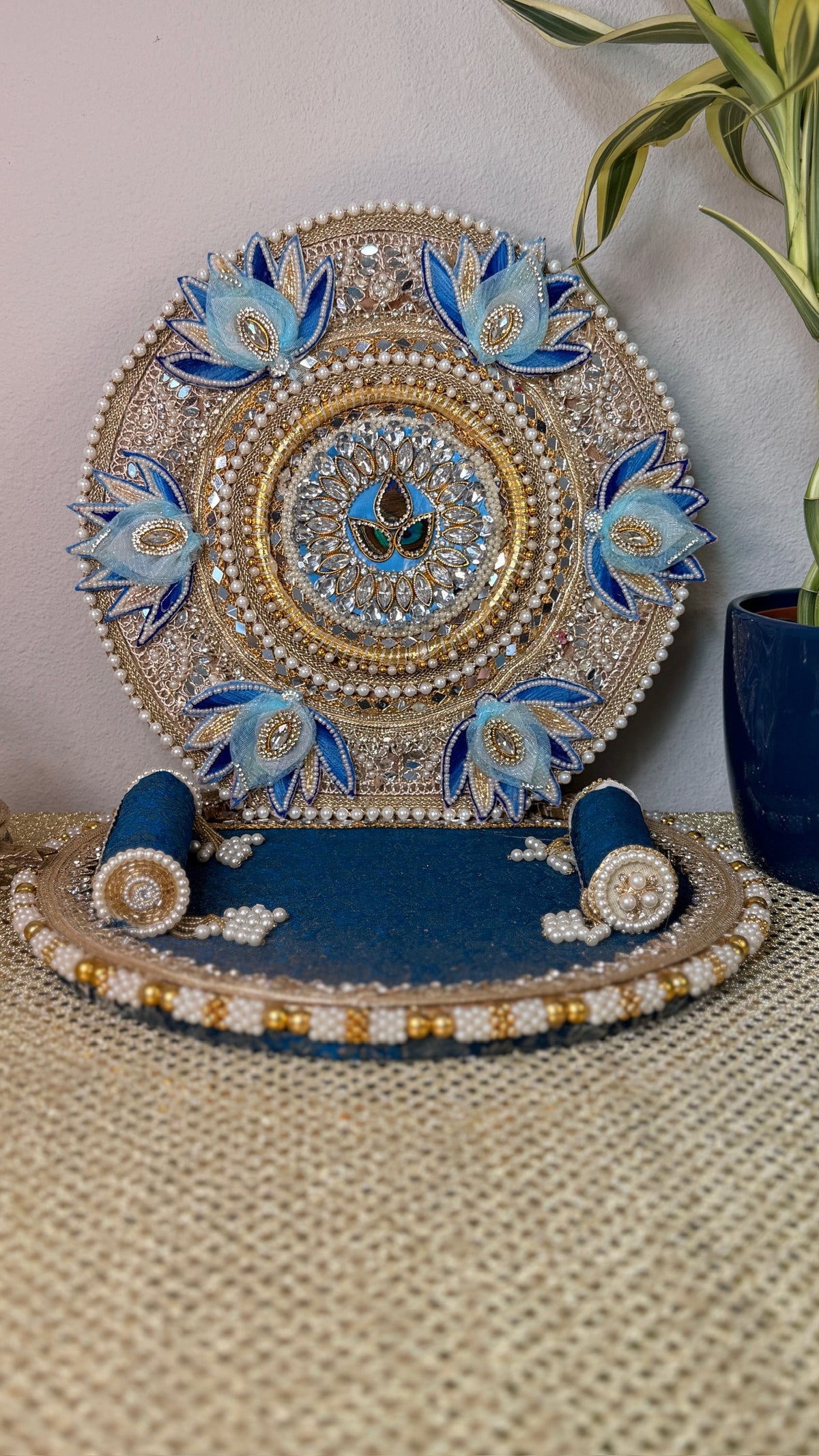 Blue lotus round-back singhasan for Laddu Gopal with silver zari and navy velvet seat