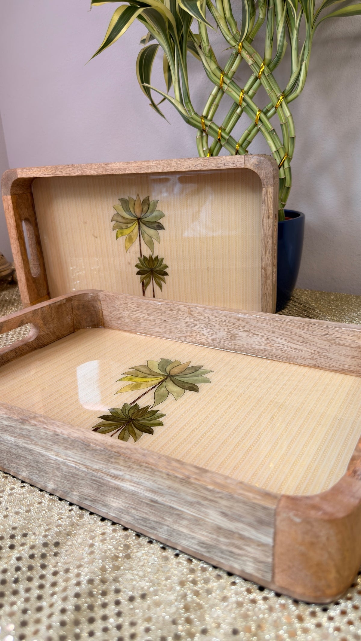 Coastal palm print wooden serving trays, angled detail