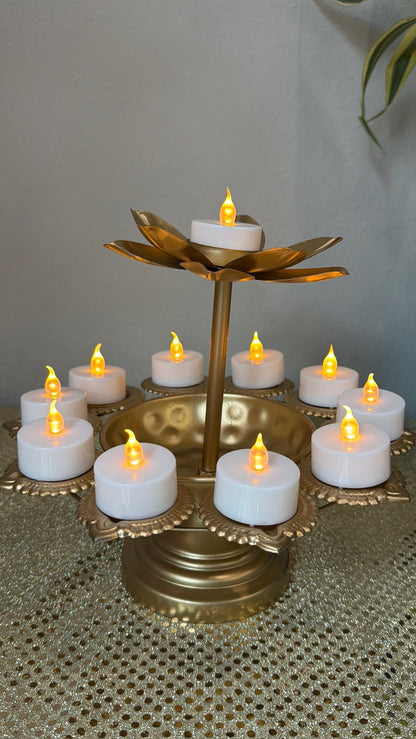 Gold lotus two-tier diya stand, front view