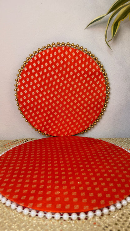 Red brocade decorative thali with gold bead rim, front view