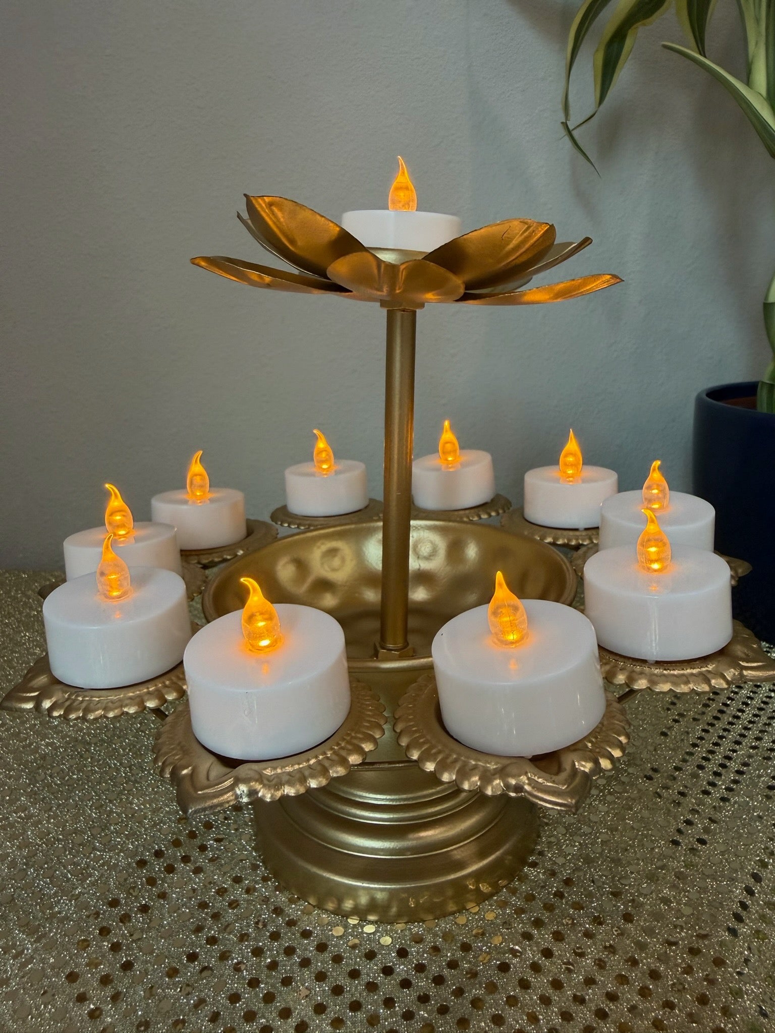 Gold lotus 2-tier tealight stand with eight diya cups on pedestal base, Diwali candle holder