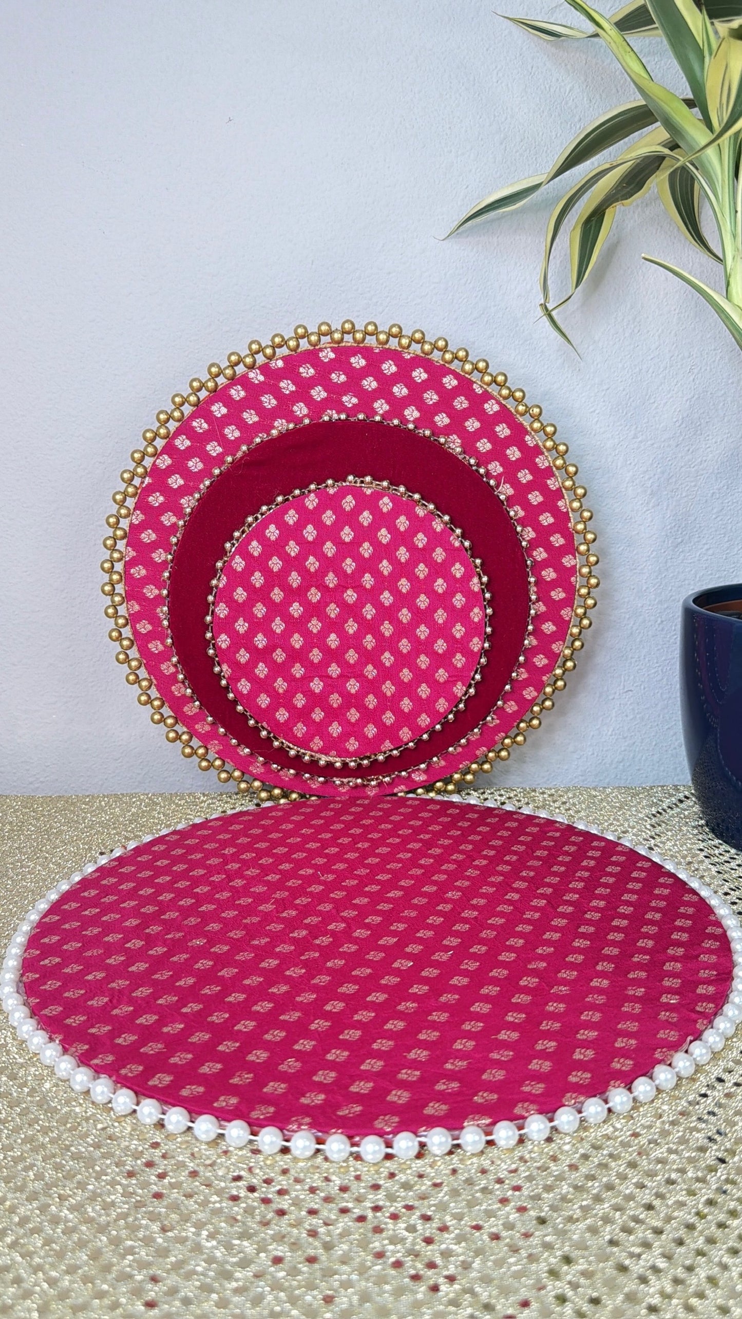 Pink brocade nested puja thali set with gold bead edging and pearl mat, Diwali gifting trays