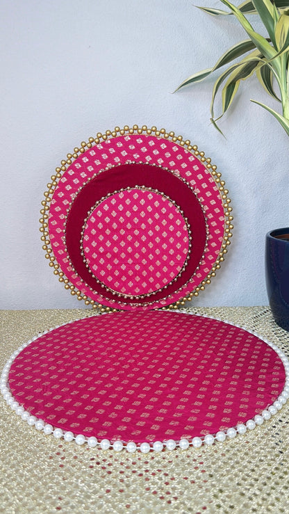 Pink brocade nested puja thali set with gold bead edging and pearl mat, Diwali gifting trays